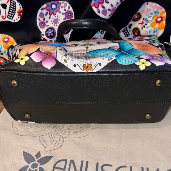 New ANUSCHKA SUGAR SKULL DAY OF DEAD CALAVERAS LEATHER SATCHEL TOTE BAG 3 COMPT - Picture 5 of 12